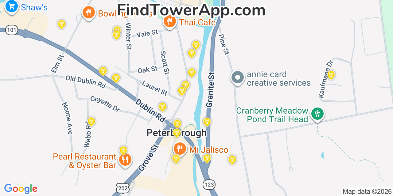 Map showing the 20 primary cell tower locations detected in Peterborough, New Hampshire from AT&T, Verizon, and T-Mobile networks