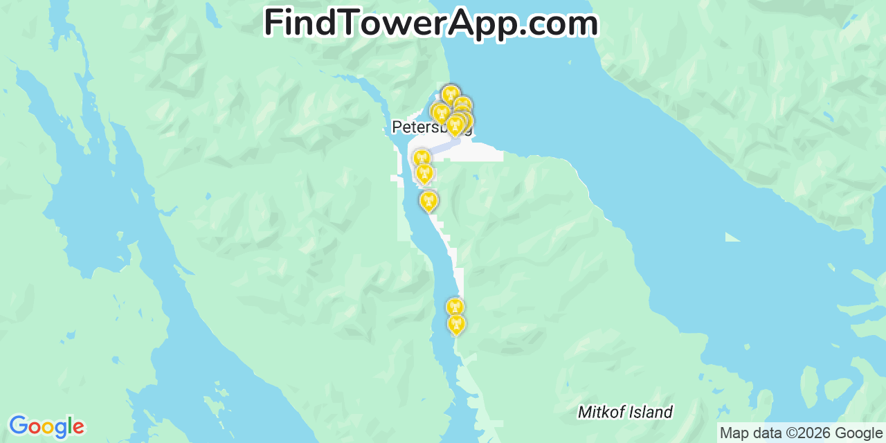 Map showing the 20 primary cell tower locations detected in Petersburg, Alaska from AT&T, Verizon, and T-Mobile networks