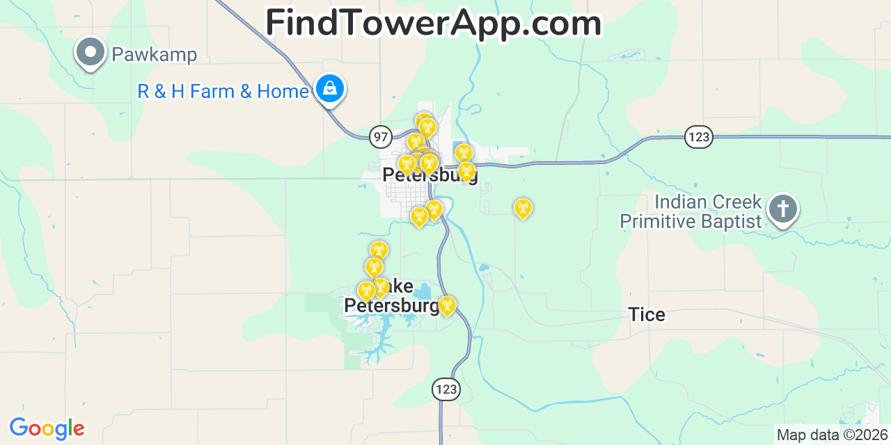 Map showing the 20 primary cell tower locations detected in Petersburg, Illinois from AT&T, Verizon, and T-Mobile networks