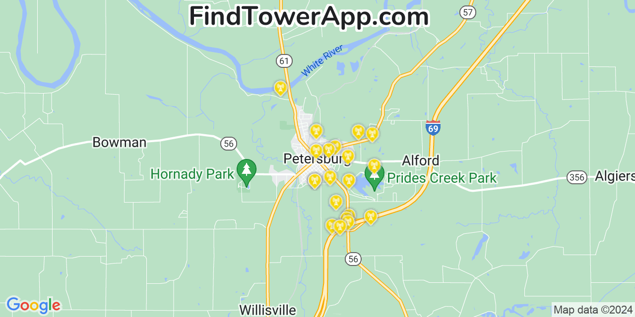 AT&T 4G/5G cell tower coverage map Petersburg, Indiana