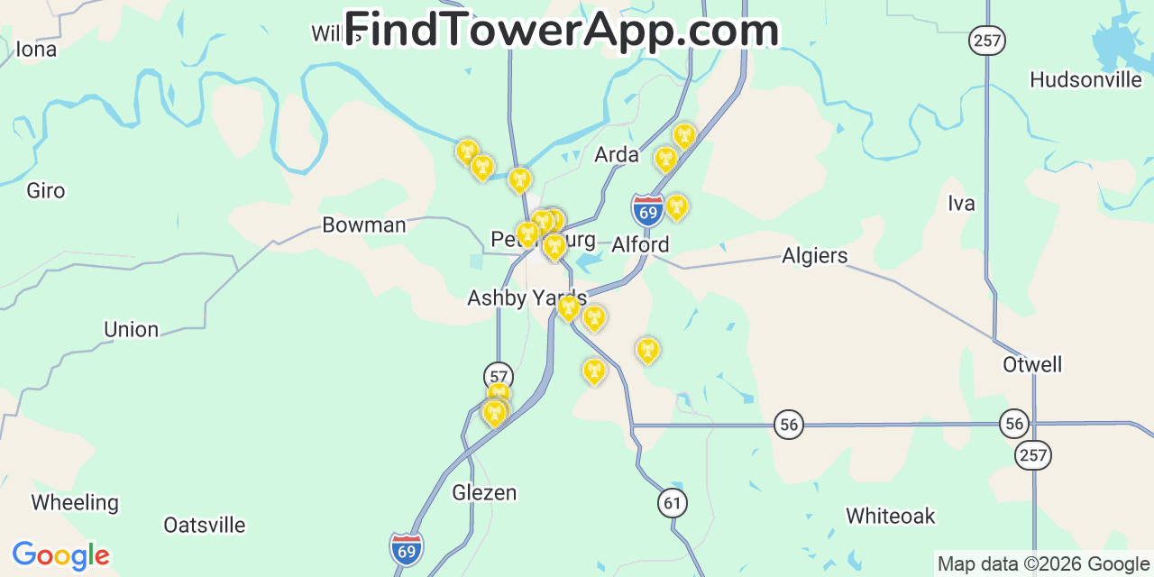 Map showing the 20 primary cell tower locations detected in Petersburg, Indiana from AT&T, Verizon, and T-Mobile networks
