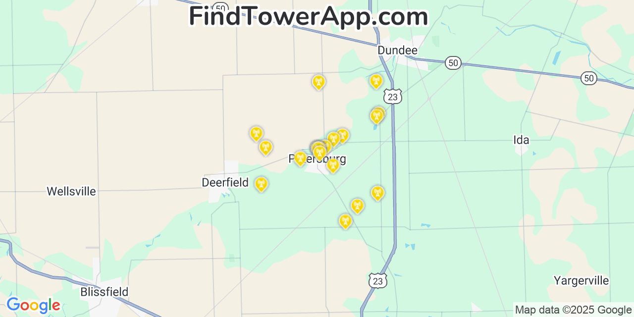 Map showing the 20 primary cell tower locations detected in Petersburg, Michigan from AT&T, Verizon, and T-Mobile networks