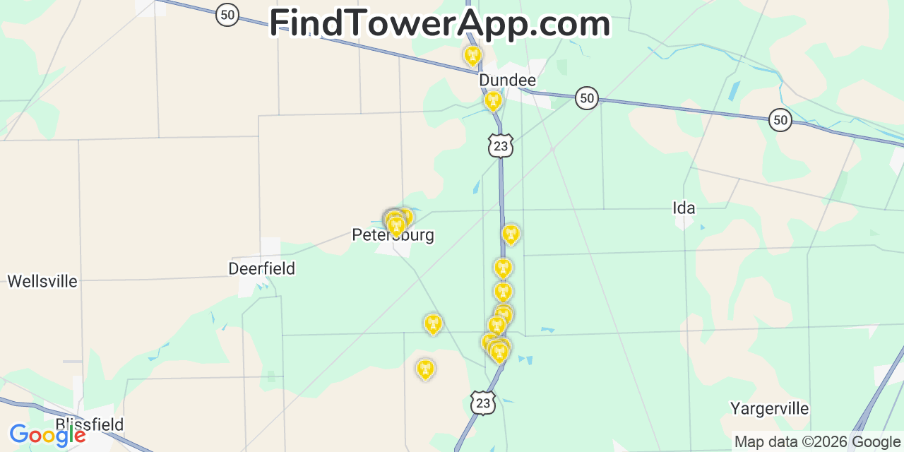Map showing the 20 primary cell tower locations detected in Petersburg, Michigan from AT&T, Verizon, and T-Mobile networks