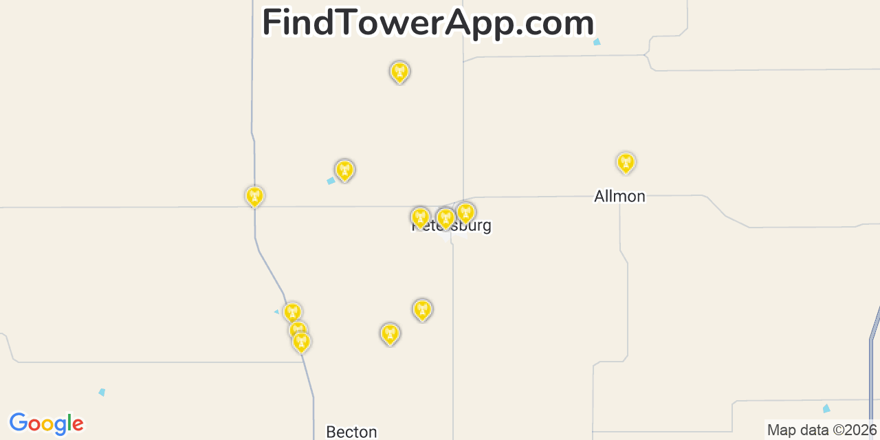 Map showing the 20 primary cell tower locations detected in Petersburg, Texas from AT&T, Verizon, and T-Mobile networks