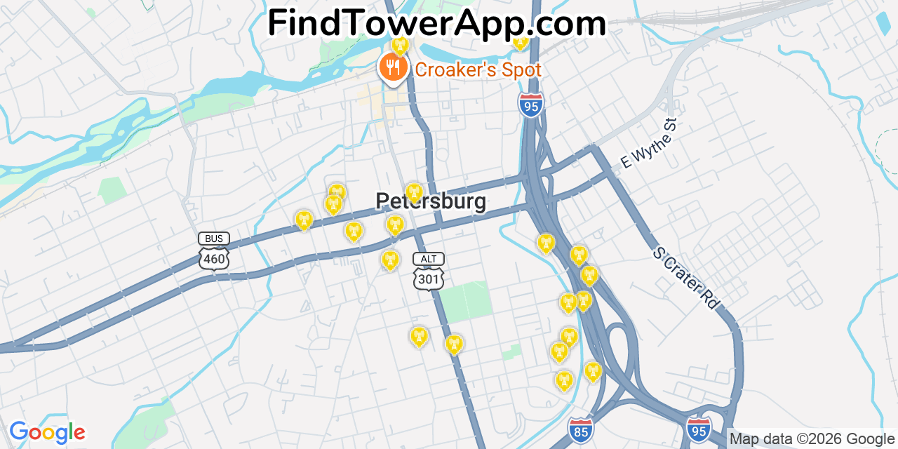 Map showing the 20 primary cell tower locations detected in Petersburg, Virginia from AT&T, Verizon, and T-Mobile networks