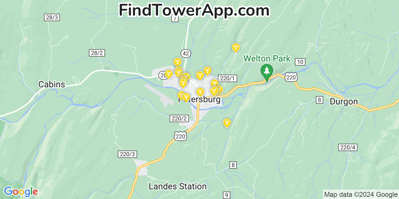 AT&T 4G/5G cell tower coverage map Petersburg, West Virginia