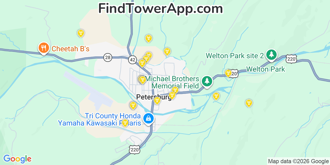 Map showing the 20 primary cell tower locations detected in Petersburg, West Virginia from AT&T, Verizon, and T-Mobile networks