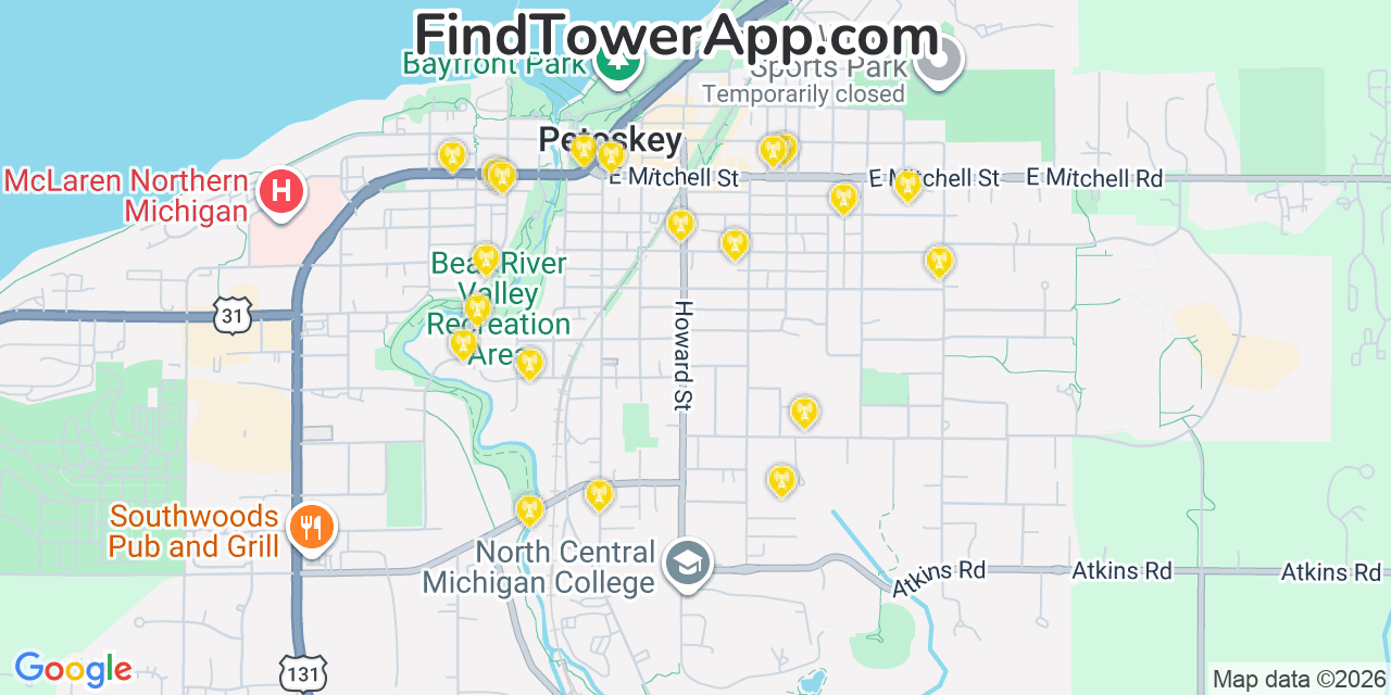 Map showing the 20 primary cell tower locations detected in Petoskey, Michigan from AT&T, Verizon, and T-Mobile networks