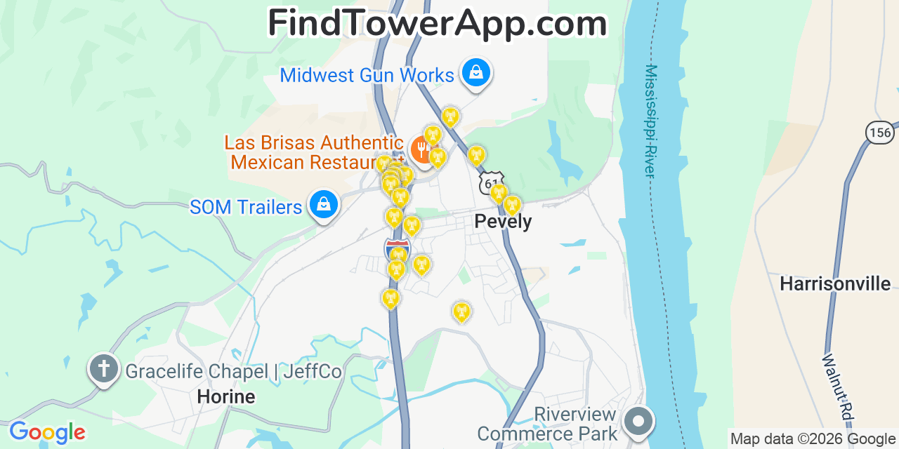 Map showing the 20 primary cell tower locations detected in Pevely, Missouri from AT&T, Verizon, and T-Mobile networks