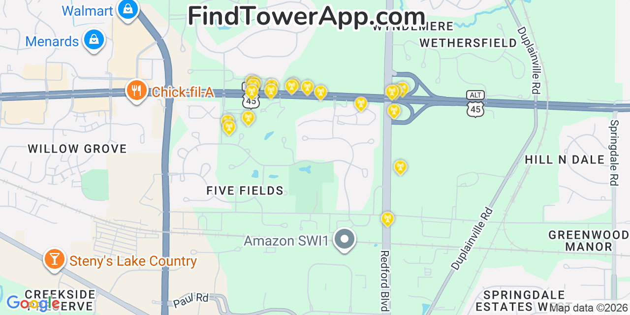 Map showing the 20 primary cell tower locations detected in Pewaukee, Wisconsin from AT&T, Verizon, and T-Mobile networks