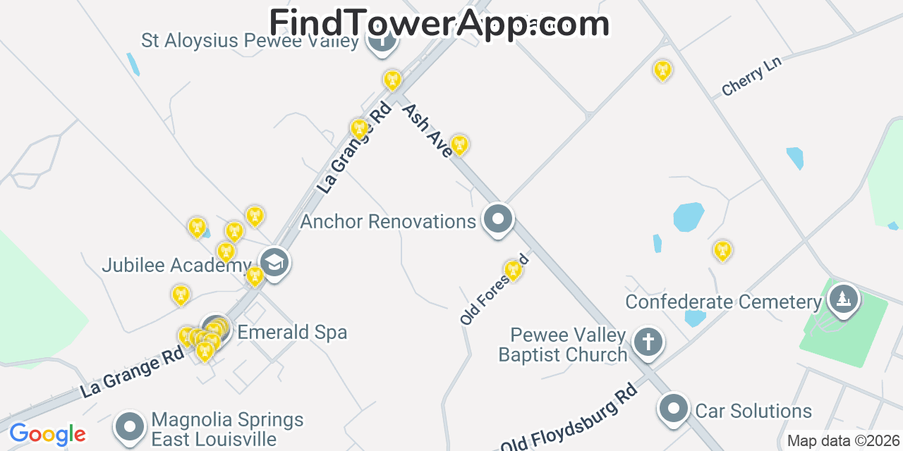 Map showing the 20 primary cell tower locations detected in Pewee Valley, Kentucky from AT&T, Verizon, and T-Mobile networks