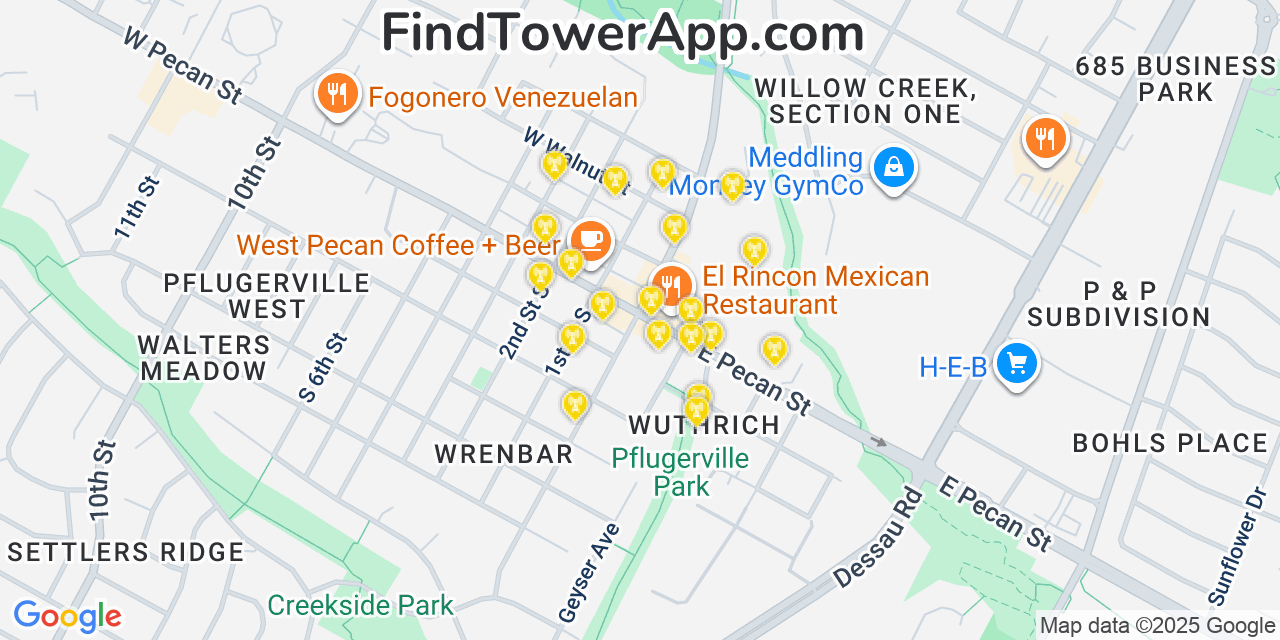 Map showing the 20 primary cell tower locations detected in Pflugerville, Texas from AT&T, Verizon, and T-Mobile networks