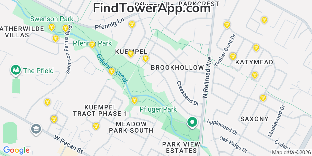 Map showing the 20 primary cell tower locations detected in Pflugerville, Texas from AT&T, Verizon, and T-Mobile networks