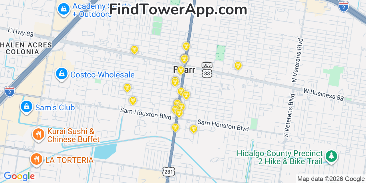 Map showing the 20 primary cell tower locations detected in Pharr, Texas from AT&T, Verizon, and T-Mobile networks