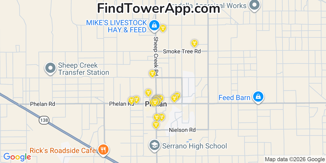 Map showing the 20 primary cell tower locations detected in Phelan, California from AT&T, Verizon, and T-Mobile networks