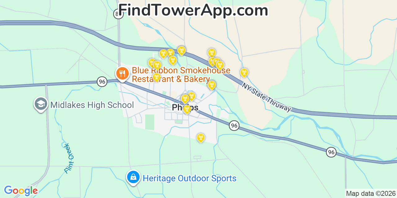 Map showing the 20 primary cell tower locations detected in Phelps, New York from AT&T, Verizon, and T-Mobile networks