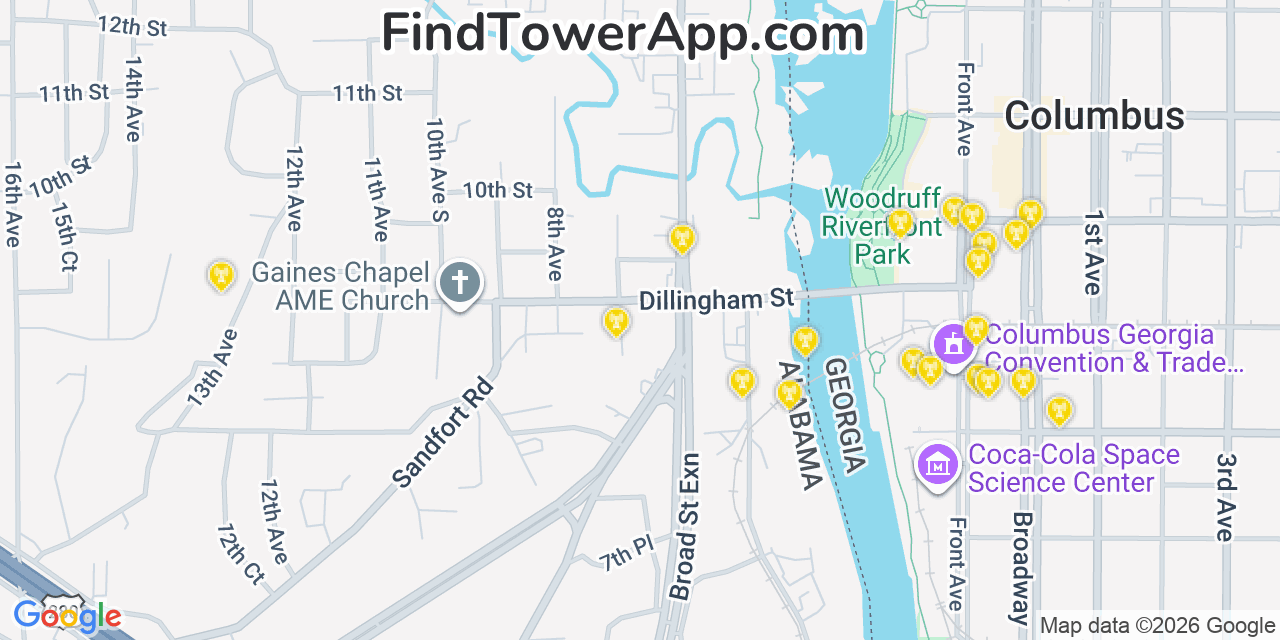Map showing the 20 primary cell tower locations detected in Phenix City, Alabama from AT&T, Verizon, and T-Mobile networks