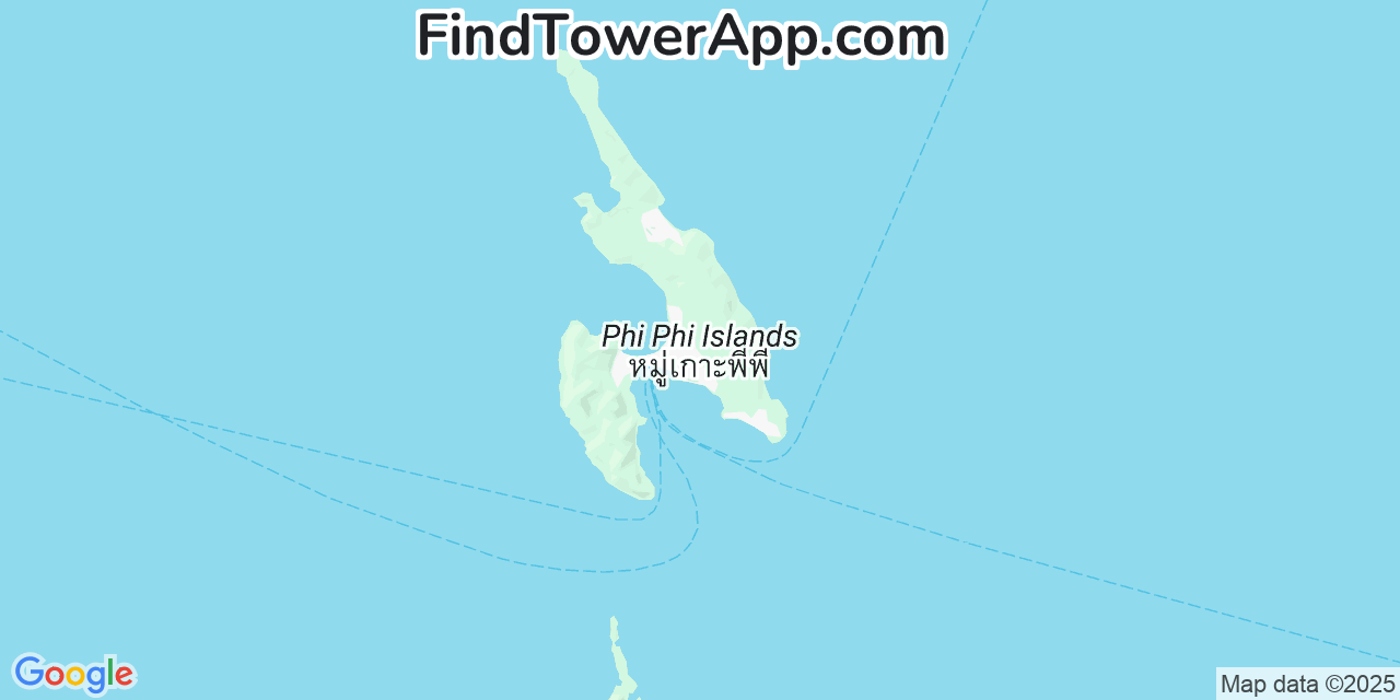 Map showing the 0 primary DTAC cell tower locations detected in Phi Phi Islands, Thailand with coverage radius and signal strength indicators
