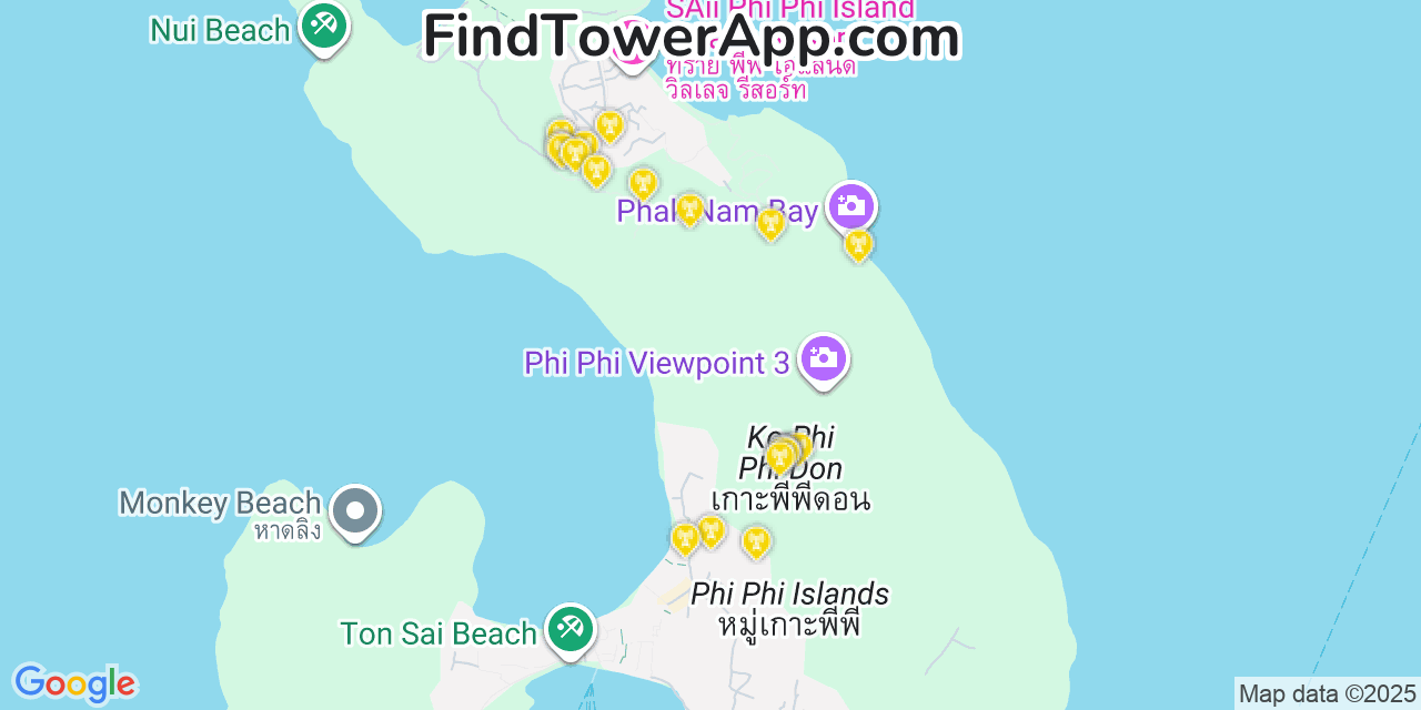 Map showing the 20 primary cell tower locations detected in Phi Phi Islands, Thailand with coverage areas and signal strength