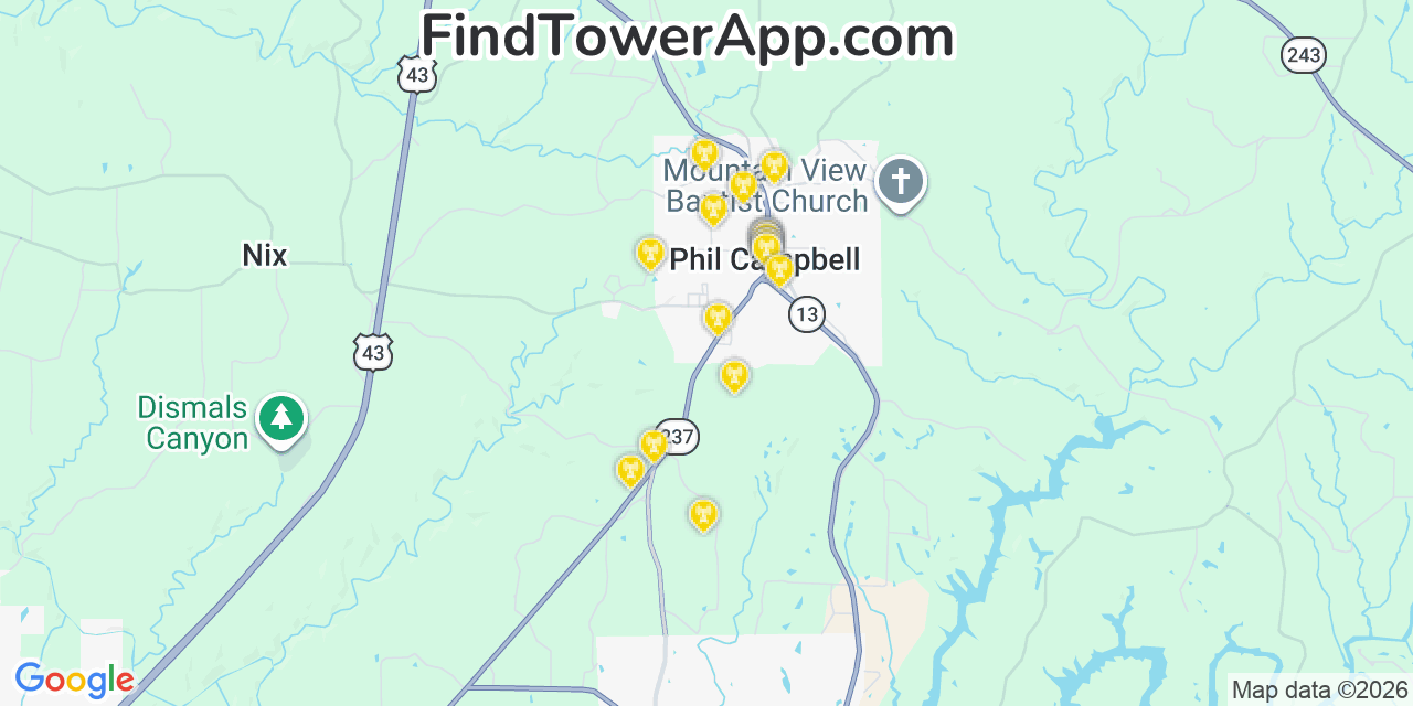 Map showing the 20 primary cell tower locations detected in Phil Campbell, Alabama from AT&T, Verizon, and T-Mobile networks