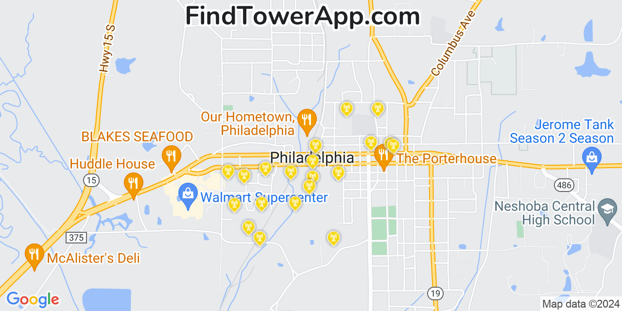 AT&T 4G/5G cell tower coverage map Philadelphia, Mississippi