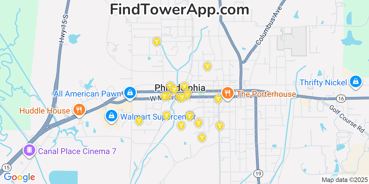 Map showing the 20 primary cell tower locations detected in Philadelphia, Mississippi from AT&T, Verizon, and T-Mobile networks