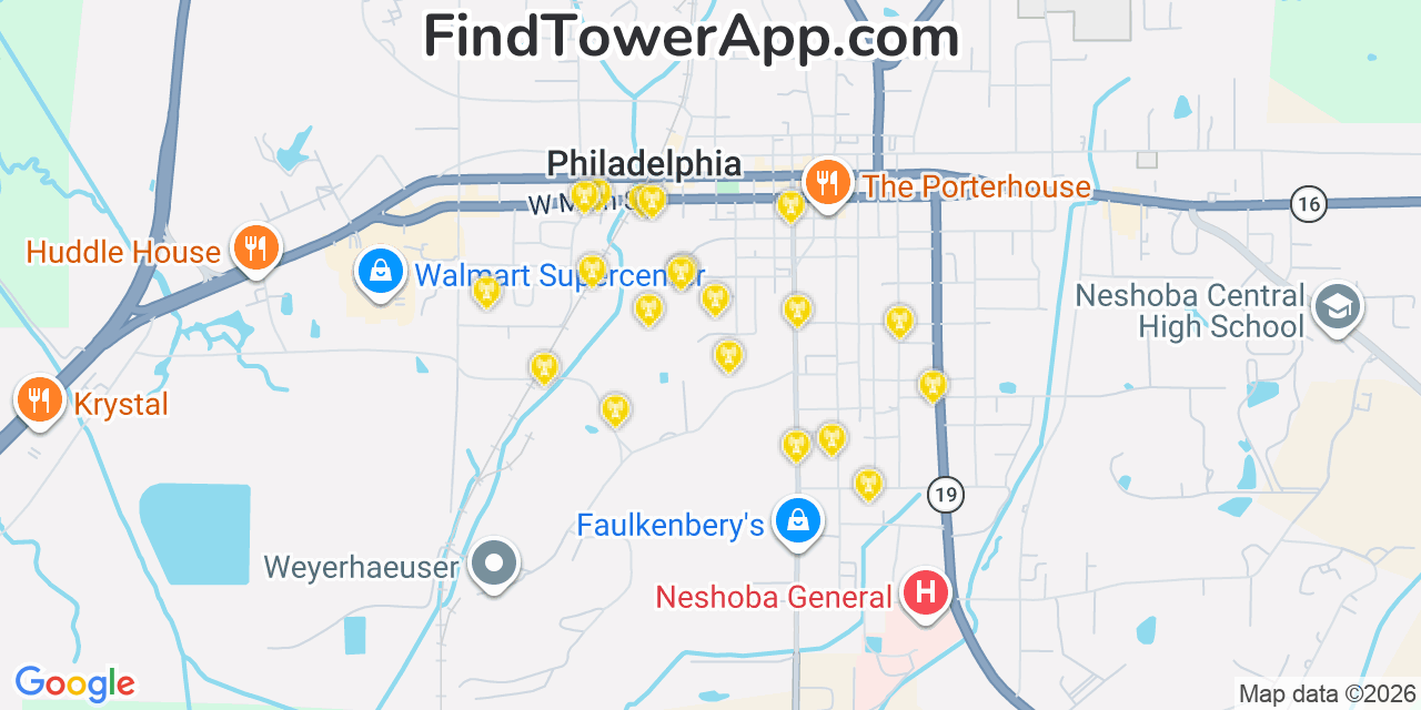 Map showing the 20 primary cell tower locations detected in Philadelphia, Mississippi from AT&T, Verizon, and T-Mobile networks