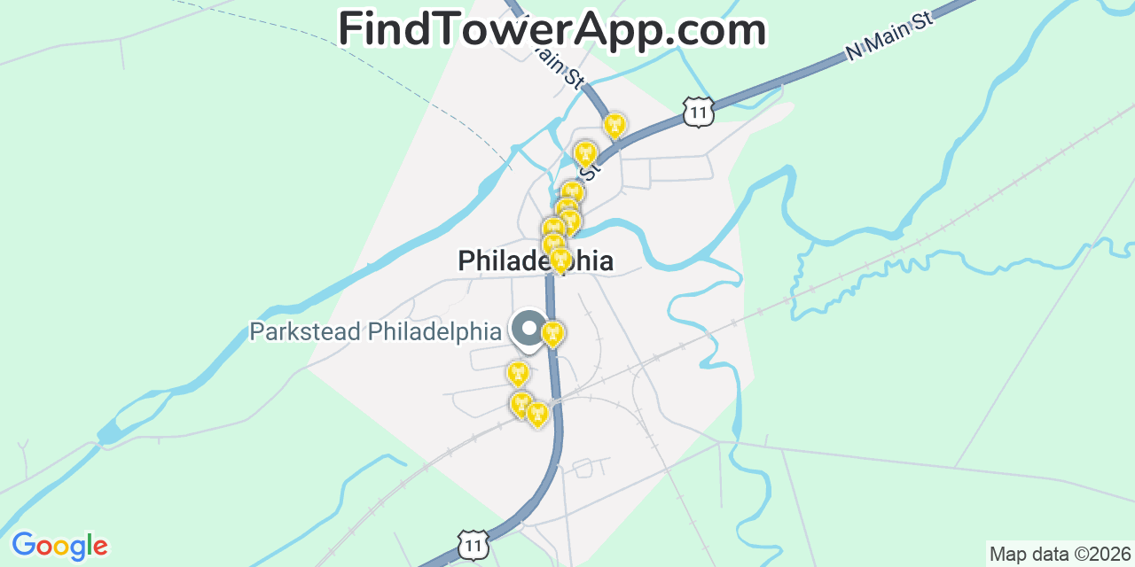 Map showing the 20 primary cell tower locations detected in Philadelphia, New York from AT&T, Verizon, and T-Mobile networks