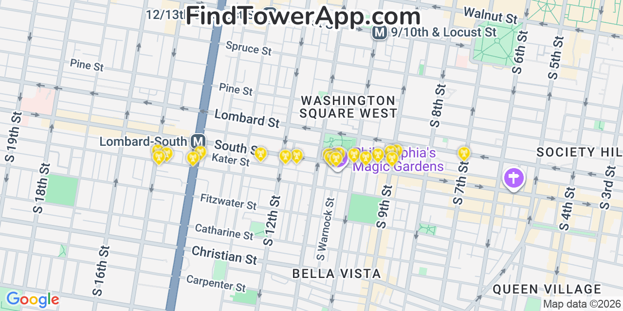 Map showing the 20 primary cell tower locations detected in Philadelphia, Pennsylvania from AT&T, Verizon, and T-Mobile networks