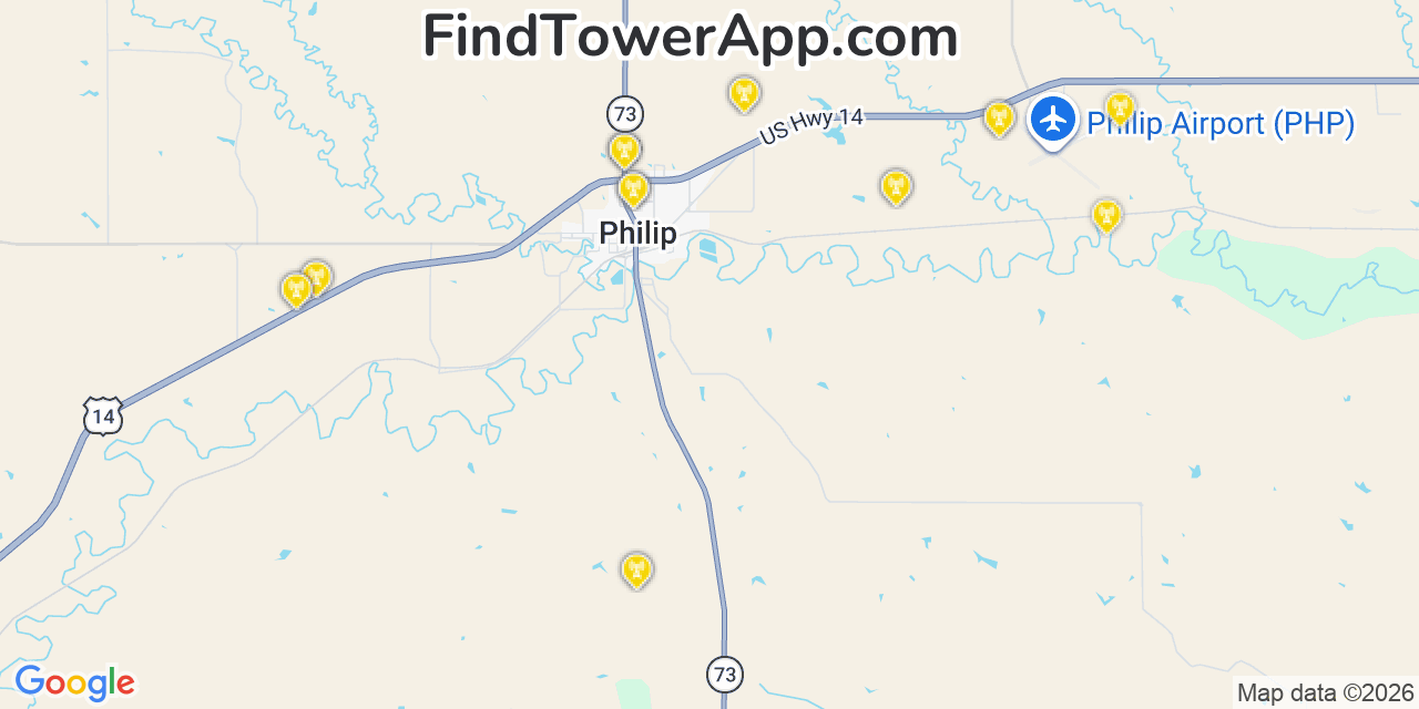 Map showing the 20 primary cell tower locations detected in Philip, South Dakota from AT&T, Verizon, and T-Mobile networks