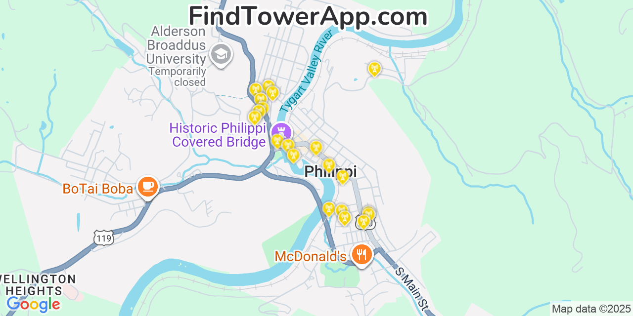 Map showing the 20 primary cell tower locations detected in Philippi, West Virginia from AT&T, Verizon, and T-Mobile networks