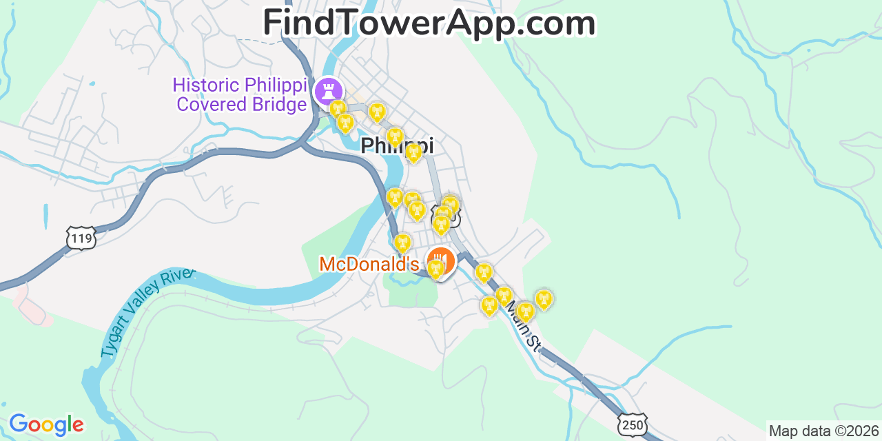 Map showing the 20 primary cell tower locations detected in Philippi, West Virginia from AT&T, Verizon, and T-Mobile networks