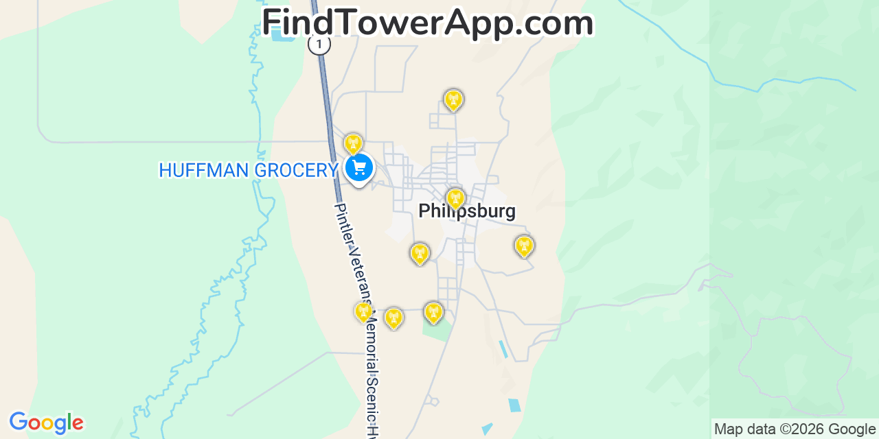 Map showing the 20 primary cell tower locations detected in Philipsburg, Montana from AT&T, Verizon, and T-Mobile networks