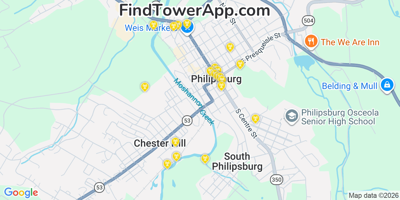 Map showing the 20 primary cell tower locations detected in Philipsburg, Pennsylvania from AT&T, Verizon, and T-Mobile networks