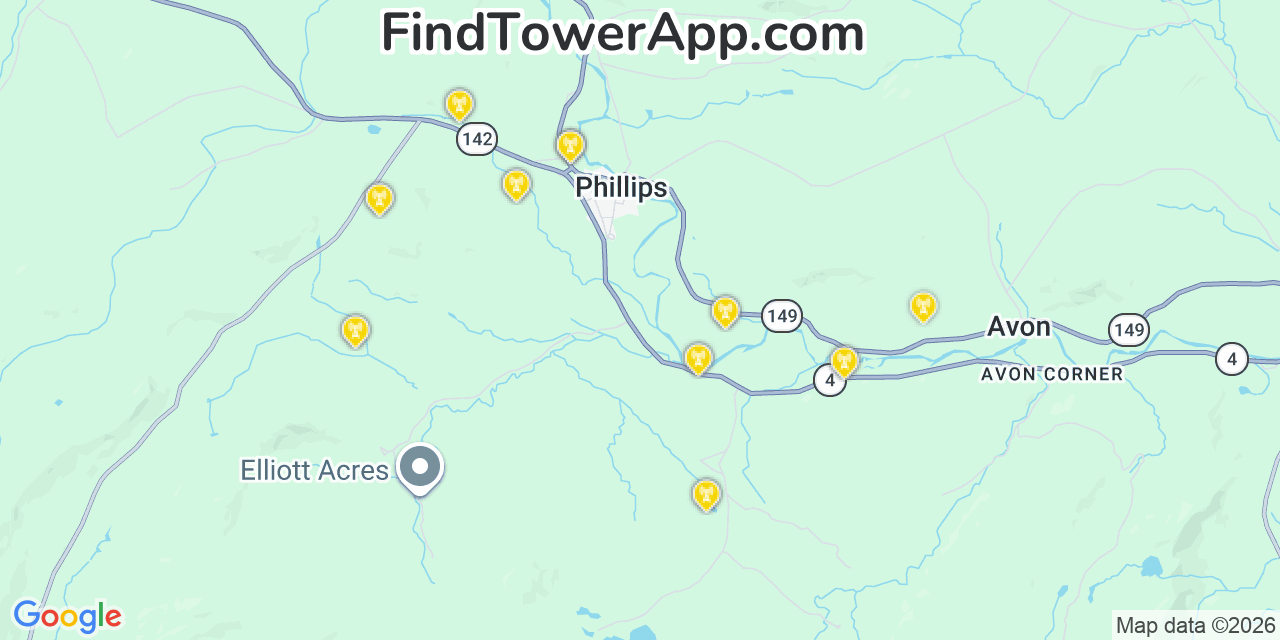 Map showing the 20 primary cell tower locations detected in Phillips, Maine from AT&T, Verizon, and T-Mobile networks