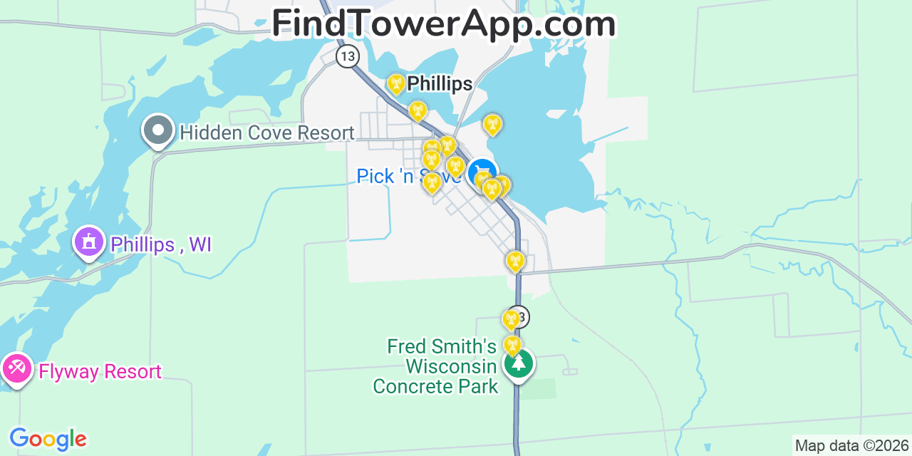 Map showing the 20 primary cell tower locations detected in Phillips, Wisconsin from AT&T, Verizon, and T-Mobile networks