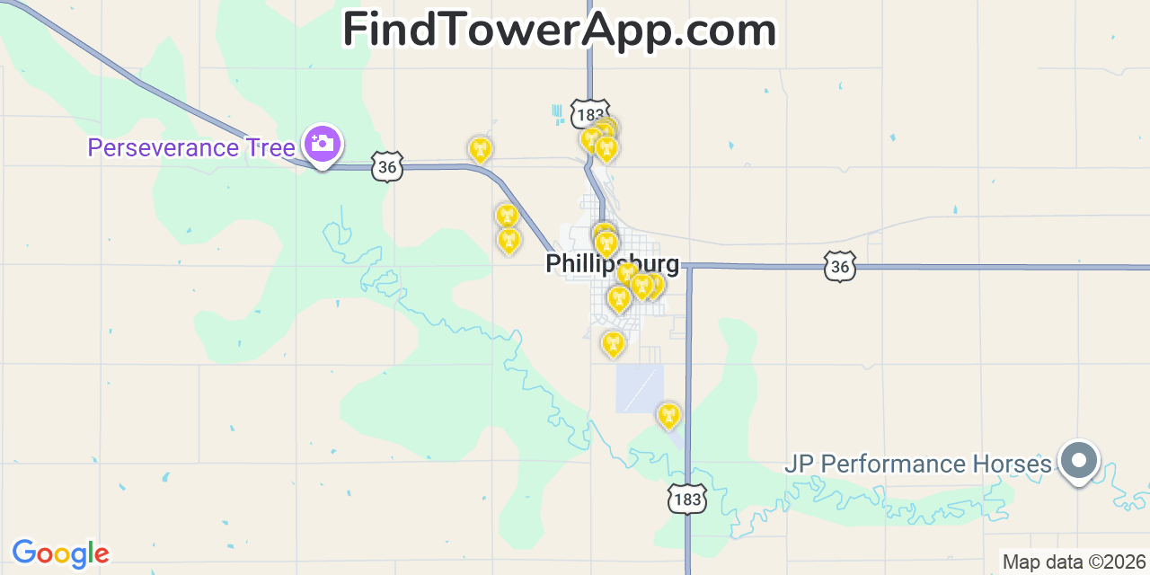 Map showing the 20 primary cell tower locations detected in Phillipsburg, Kansas from AT&T, Verizon, and T-Mobile networks