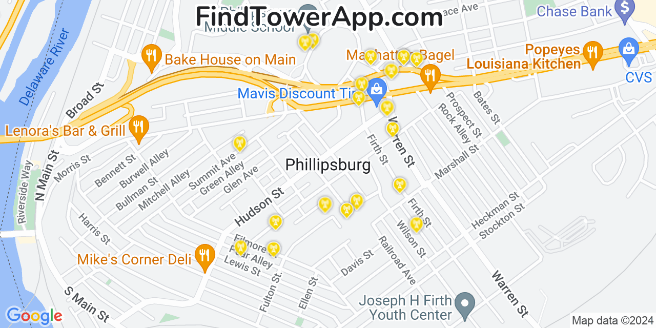 AT&T 4G/5G cell tower coverage map Phillipsburg, New Jersey