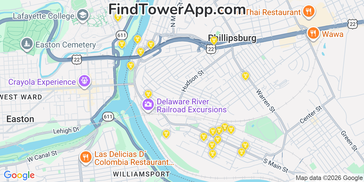 Map showing the 20 primary cell tower locations detected in Phillipsburg, New Jersey from AT&T, Verizon, and T-Mobile networks