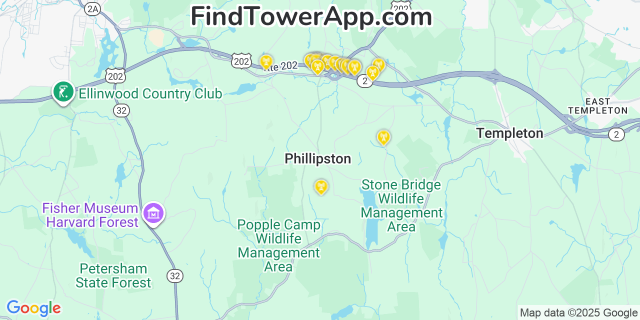 Map showing the 20 primary cell tower locations detected in Phillipston, Massachusetts from AT&T, Verizon, and T-Mobile networks