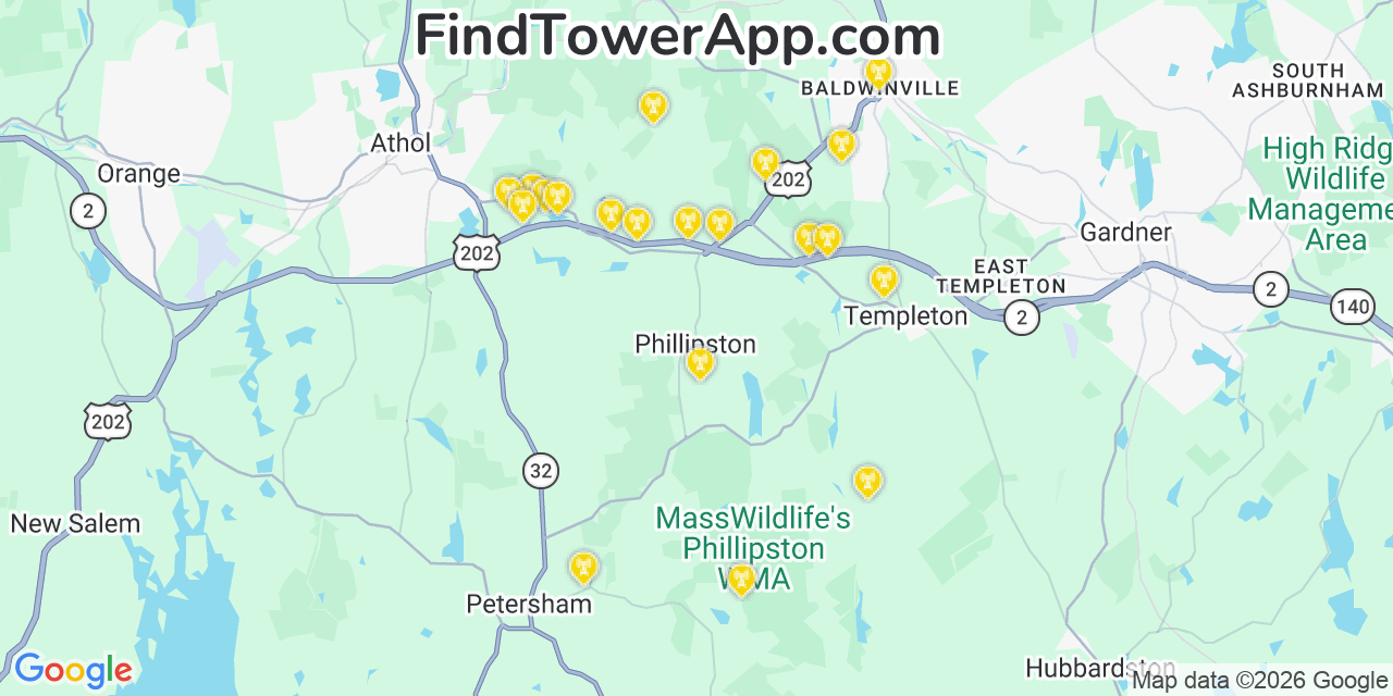 Map showing the 20 primary cell tower locations detected in Phillipston, Massachusetts from AT&T, Verizon, and T-Mobile networks