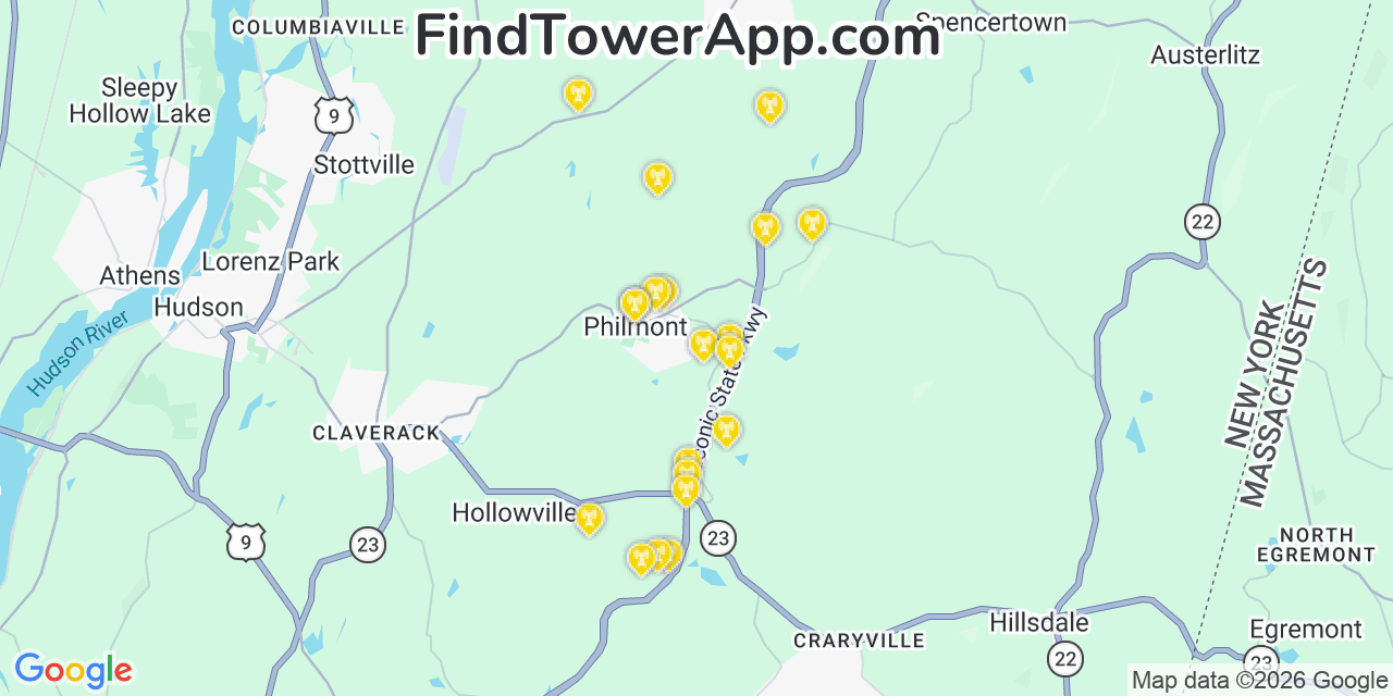 Map showing the 20 primary cell tower locations detected in Philmont, New York from AT&T, Verizon, and T-Mobile networks