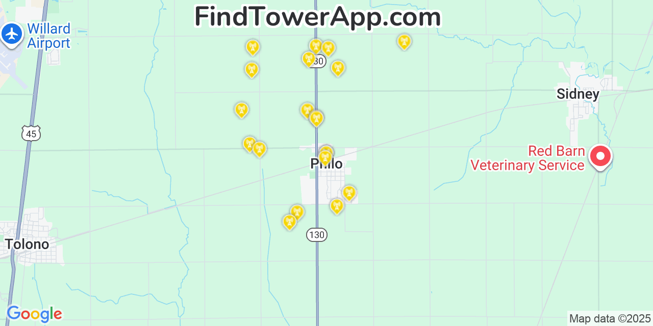 Map showing the 20 primary cell tower locations detected in Philo, Illinois from AT&T, Verizon, and T-Mobile networks
