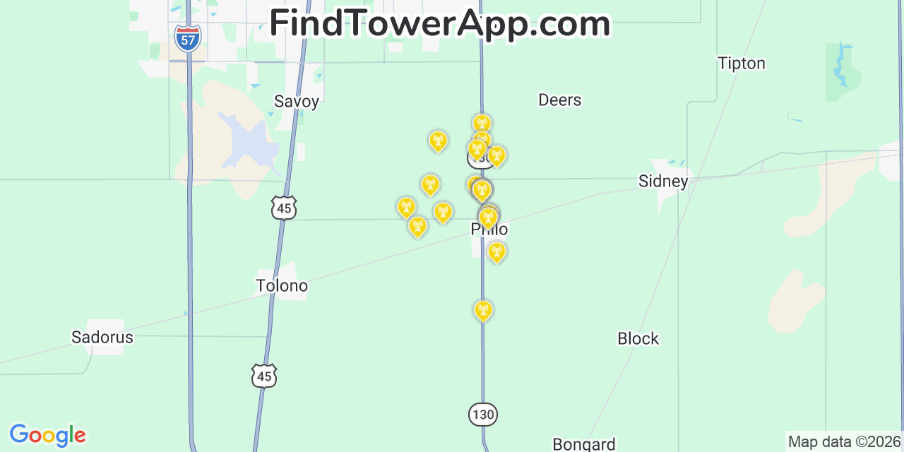 Map showing the 20 primary cell tower locations detected in Philo, Illinois from AT&T, Verizon, and T-Mobile networks
