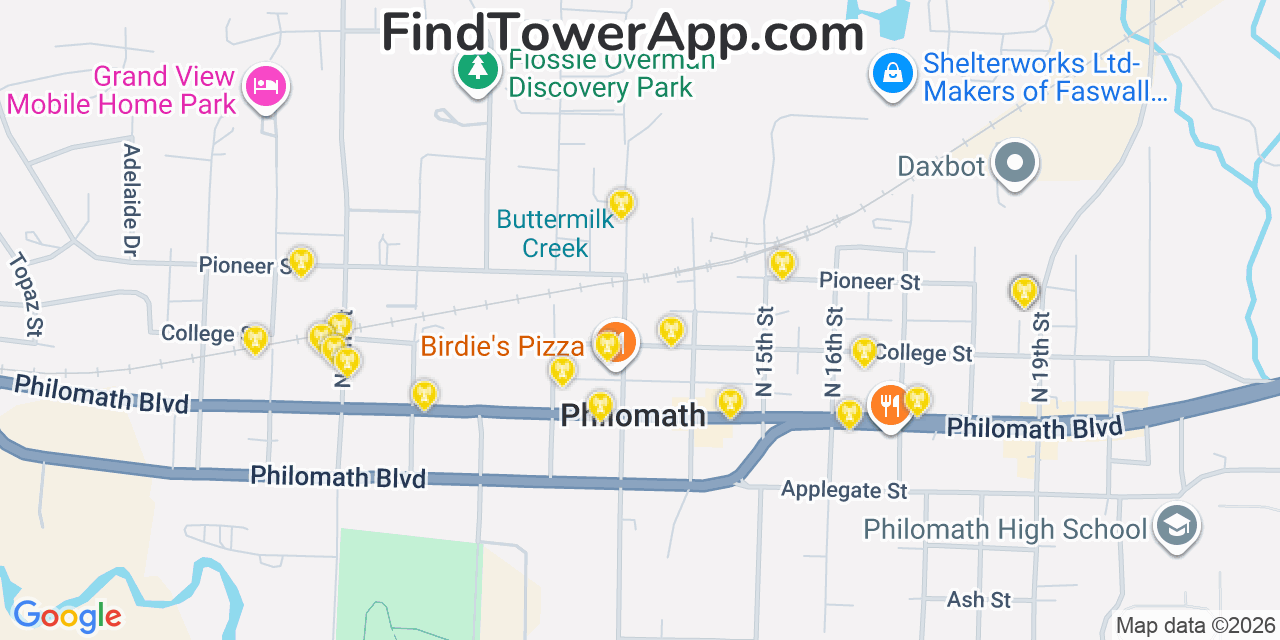 Map showing the 20 primary cell tower locations detected in Philomath, Oregon from AT&T, Verizon, and T-Mobile networks