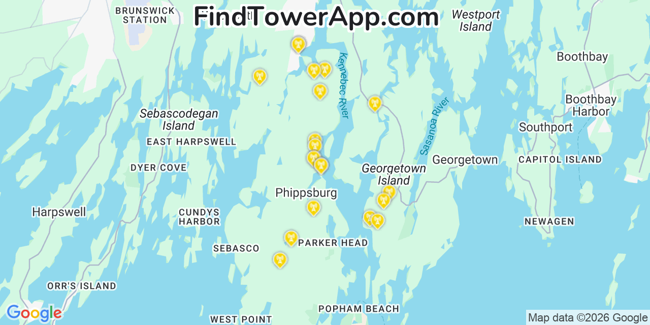 Map showing the 20 primary cell tower locations detected in Phippsburg, Maine from AT&T, Verizon, and T-Mobile networks