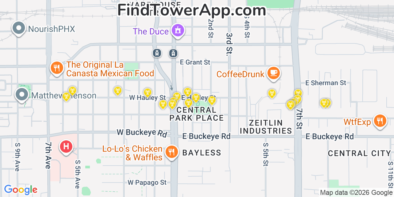Map showing the 20 primary cell tower locations detected in Phoenix, Arizona from AT&T, Verizon, and T-Mobile networks