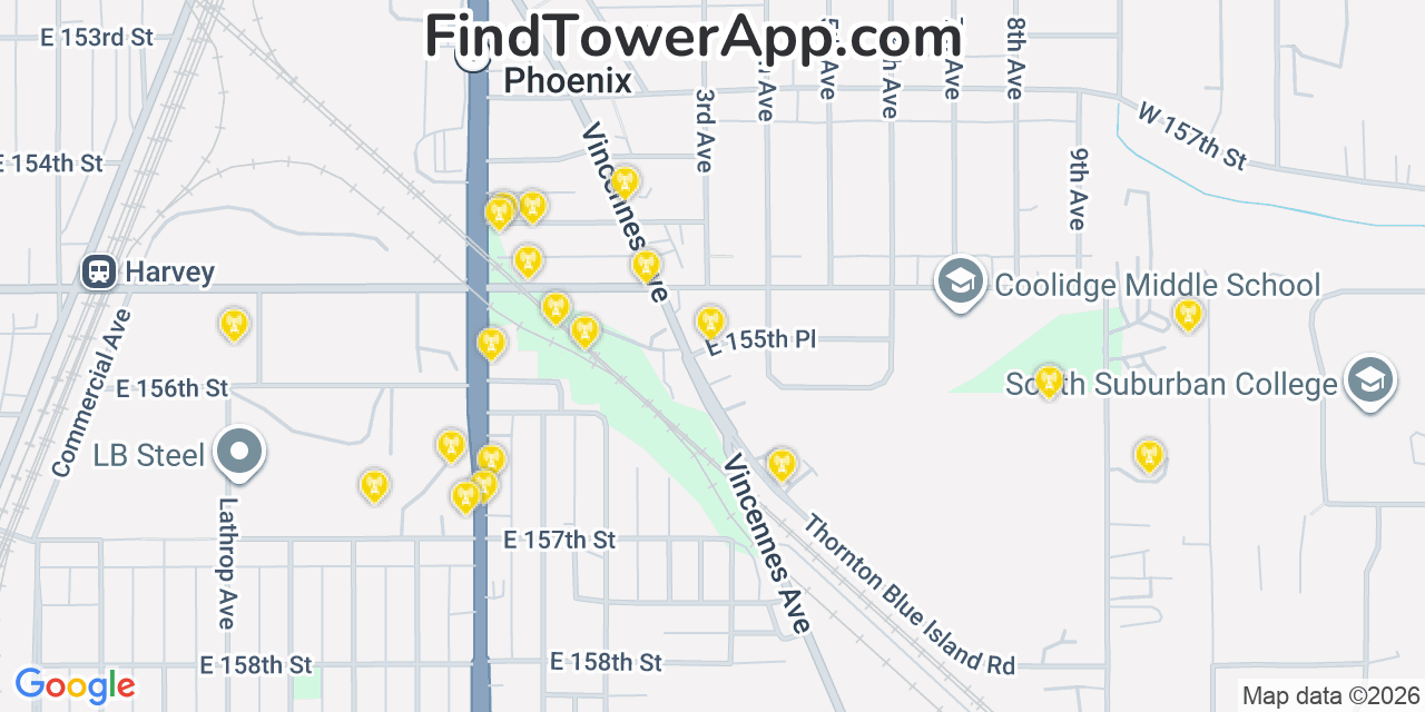 Map showing the 20 primary cell tower locations detected in Phoenix, Illinois from AT&T, Verizon, and T-Mobile networks