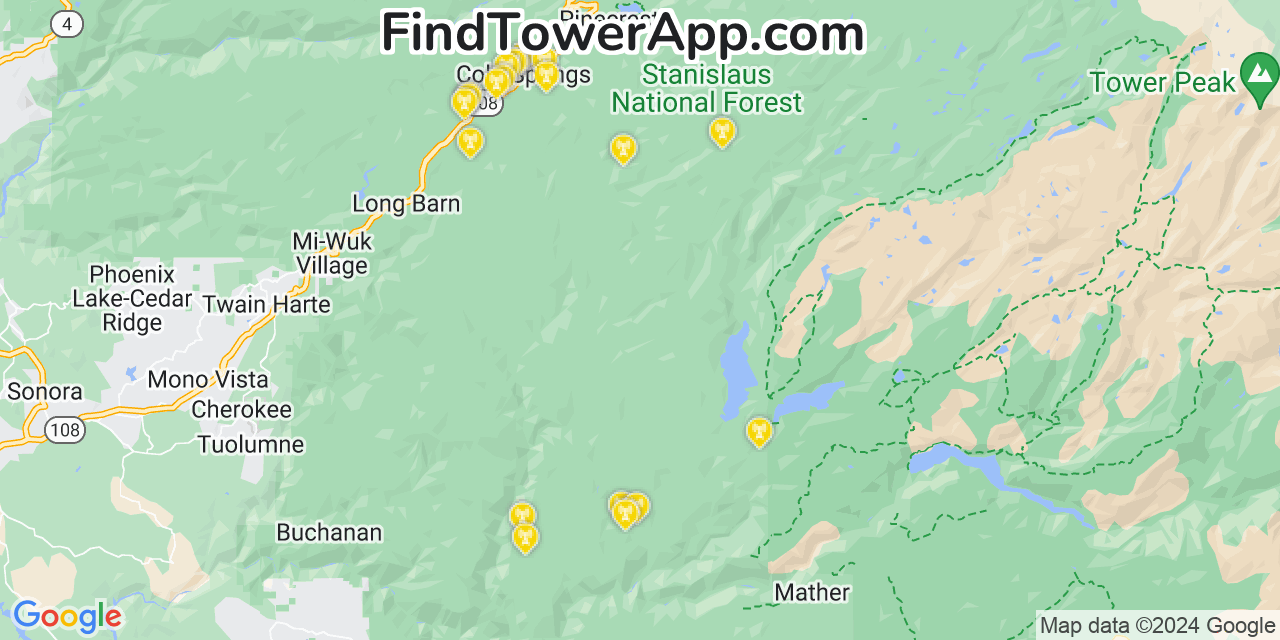 AT&T 4G/5G cell tower coverage map Phoenix Lake, California