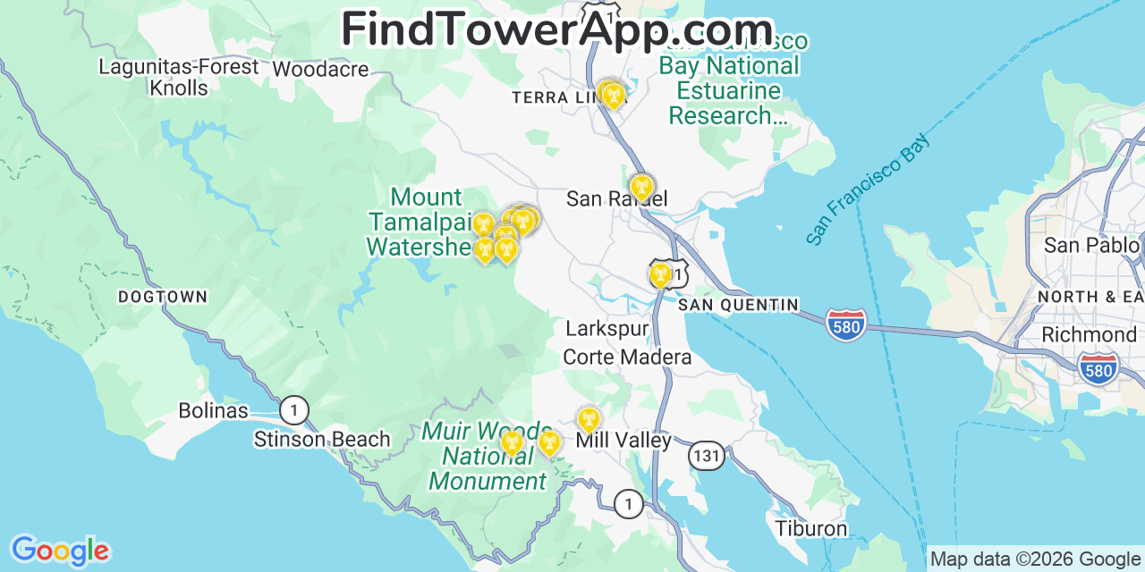 Map showing the 20 primary cell tower locations detected in Phoenix Lake, California from AT&T, Verizon, and T-Mobile networks